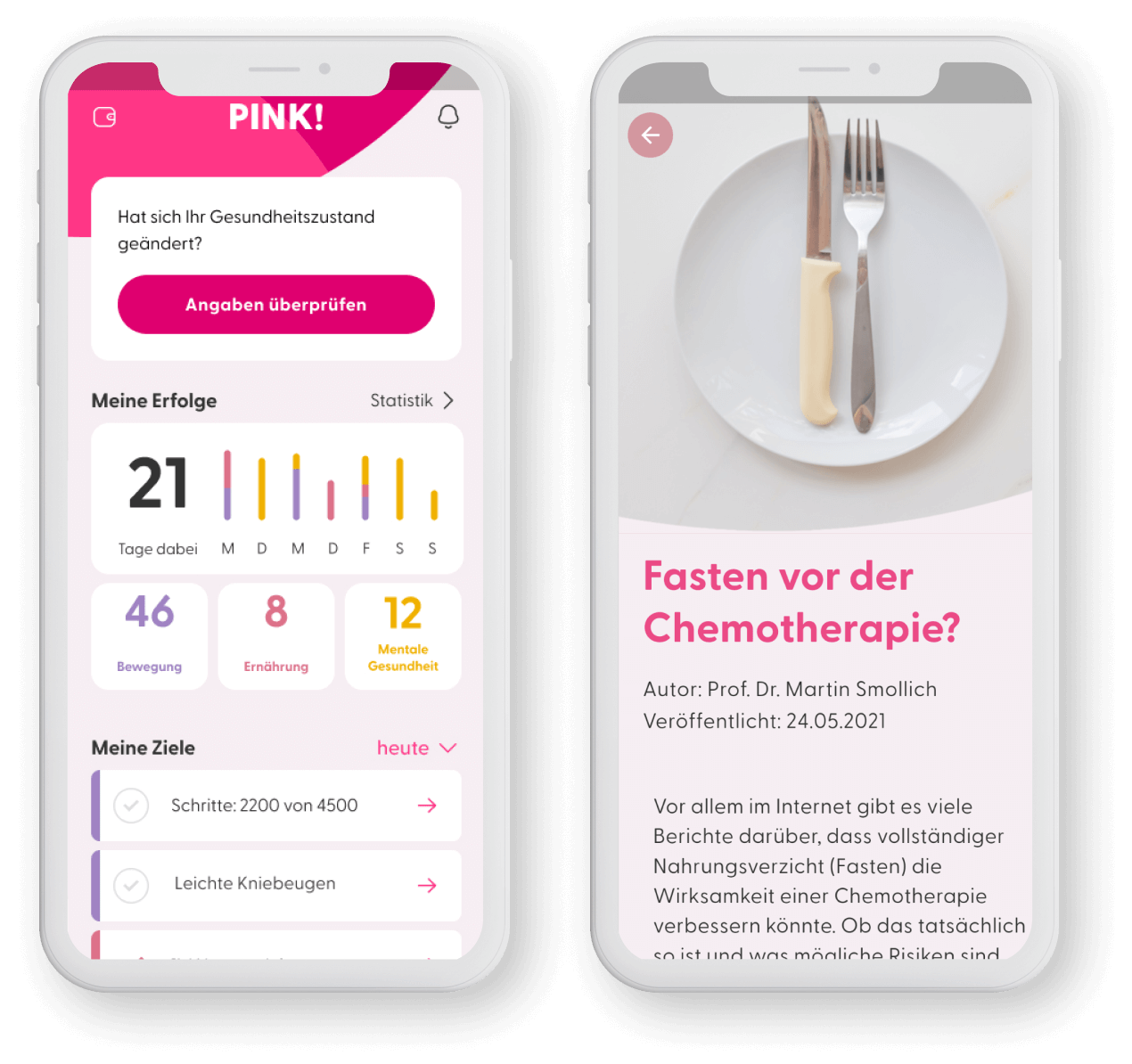 Screens of the app pink, dashboard of the app on the left side and an article about fasting before chemotherapy