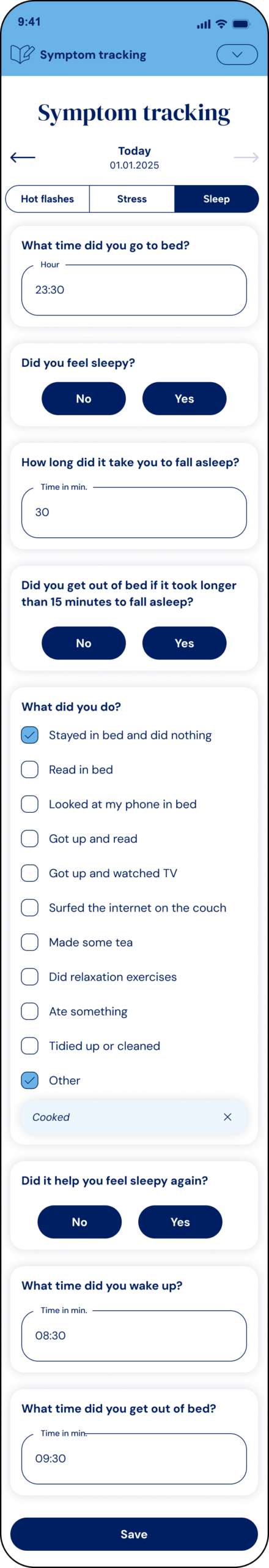 Symptom tracker for sleep